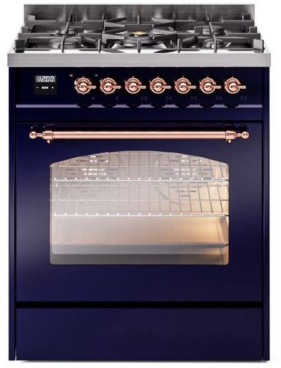 Ilve UP30NMPMBPLP Nostalgie Ii 30 Inch Dual Fuel Liquid Propane Freestanding Range In Blue With Copper Trim