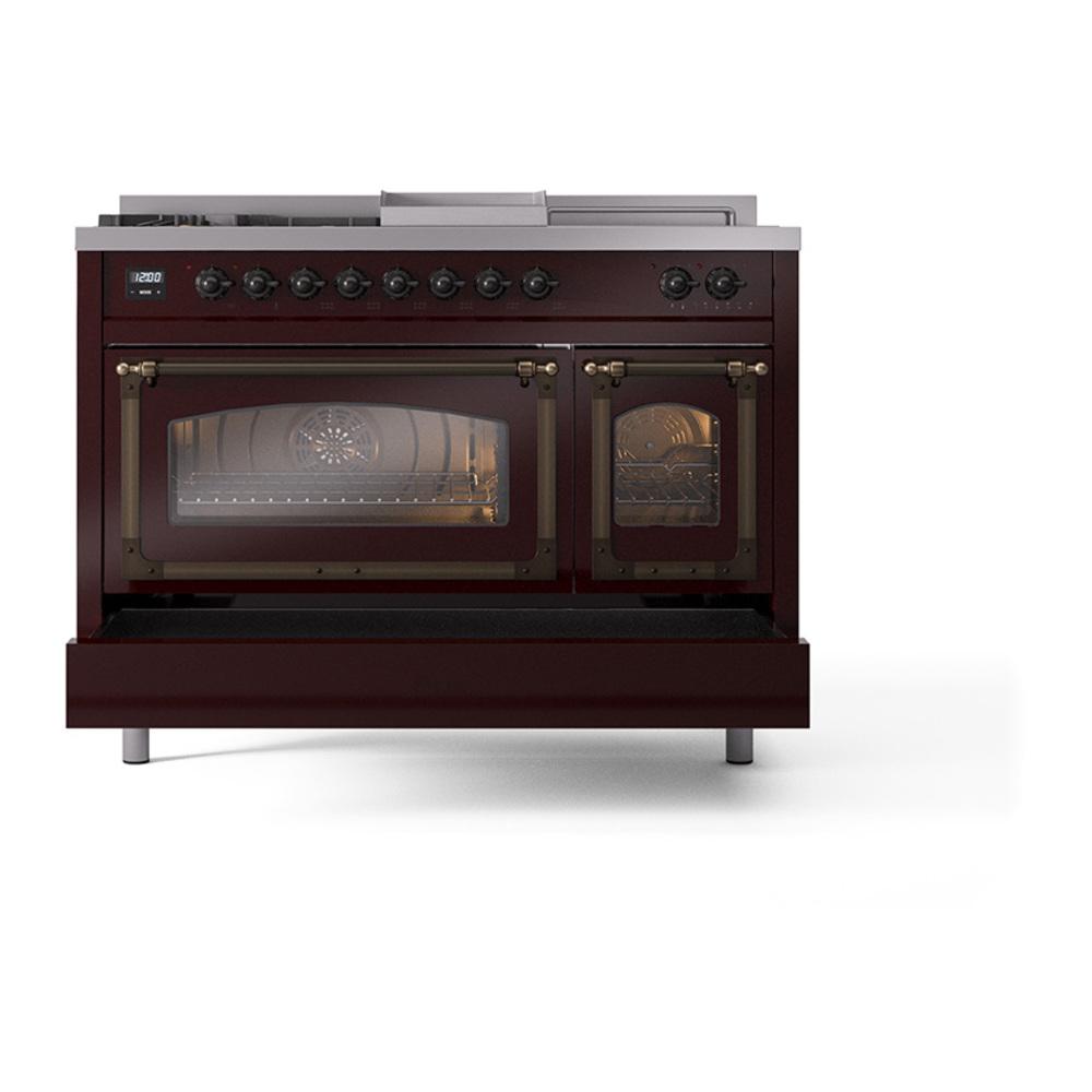 Ilve UN48FSNMPBUBLP Ilve Un48Fsnmpbublp Nostalgie Ii Noblesse 48" Dual Fuel Range (5 Sealed Burners + Griddle + French Top, Liquid Propane, Triple Glass Door, Burgundy, Burnished)