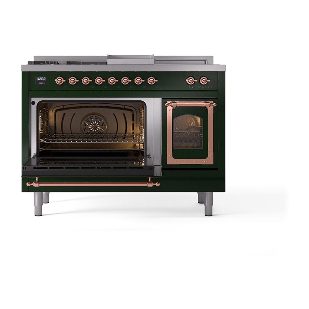 Ilve UN48FSNMPEGPLP Ilve Un48Fsnmpegplp Nostalgie Ii Noblesse 48" Dual Fuel Range (5 Sealed Burners + Griddle + French Top, Liquid Propane, Triple Glass Door, Emerald Green, Copper)