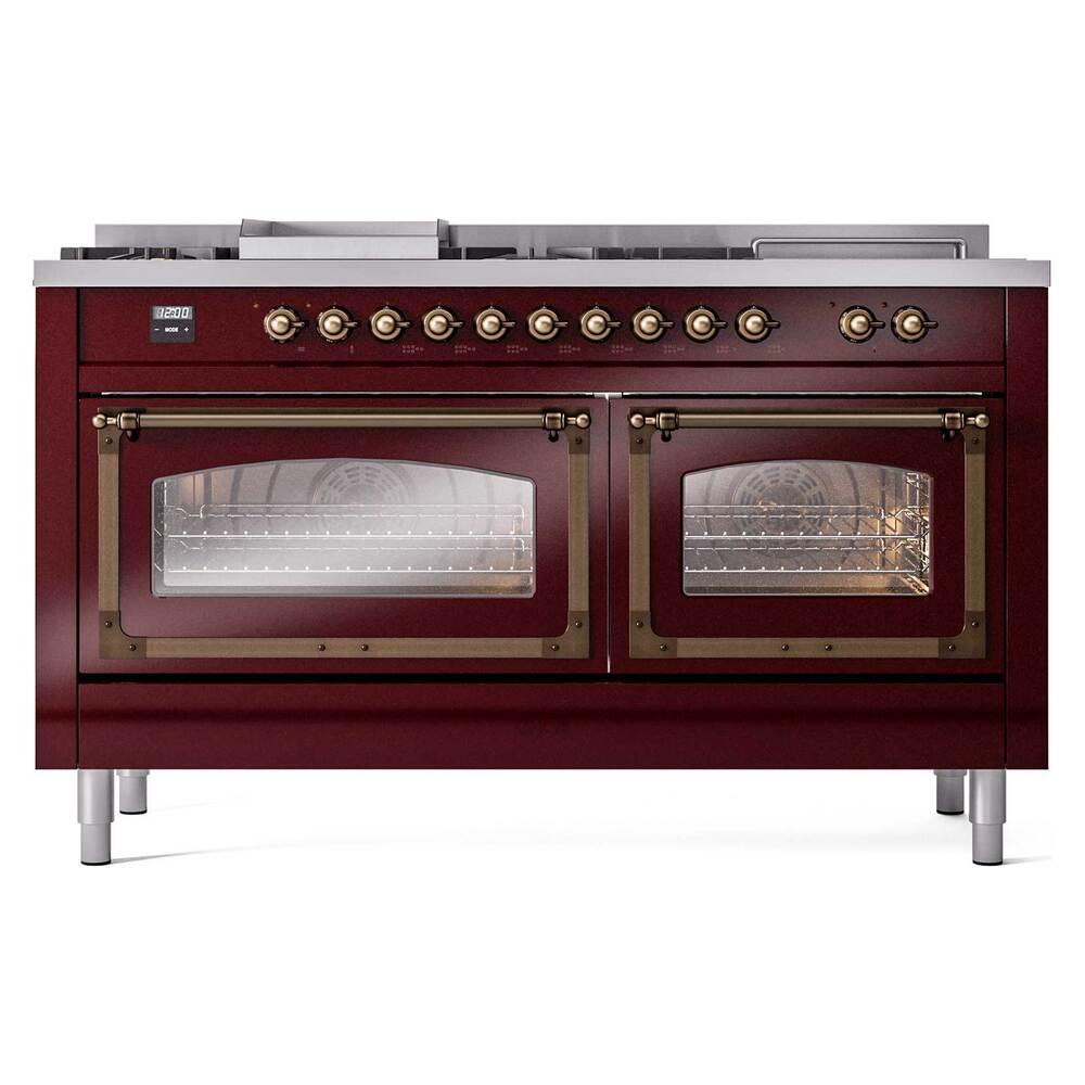 Ilve UN60FSNMPBUBLP Ilve Un60Fsnmpbublp Nostalgie Ii Noblesse 60" Dual Fuel Range (7 Sealed Burners + Griddle + French Top, Liquid Propane, Triple Glass Door, Burgundy, Burnished)