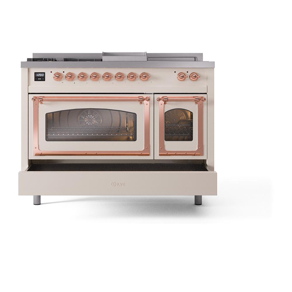 Ilve UN48FSNMPAWP Ilve Un48Fsnmpawp Nostalgie Ii Noblesse 48" Dual Fuel Range (5 Sealed Burners + Griddle + French Top, Natural Gas, Triple Glass Door, Antique White, Copper)