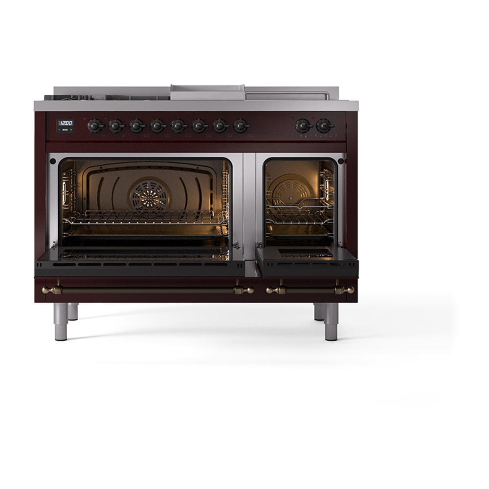 Ilve UN48FSQNMPBUB Ilve Un48Fsqnmpbub Nostalgie Ii Noblesse 48" Dual Fuel Range (5 Sealed Burners + Griddle + French Top, Natural Gas, Solid Door, Burgundy, Burnished)