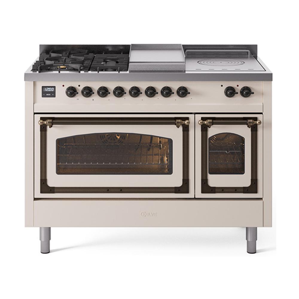 Ilve UN48FSNMPAWBLP Ilve Un48Fsnmpawblp Nostalgie Ii Noblesse 48" Dual Fuel Range (5 Sealed Burners + Griddle + French Top, Liquid Propane, Triple Glass Door, Antique White, Burnished)