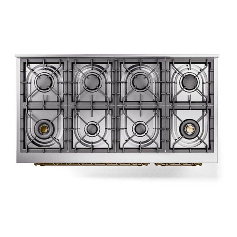 Ilve UP488NMPSSGLP Ilve Up488Nmpssglp Nostalgie Ii 48 Inch Dual Fuel Range With 8 Total Black Brass Sealed Burners, Brass Trim (Limited Edition) (Liquid Propane, Stainless Steel)