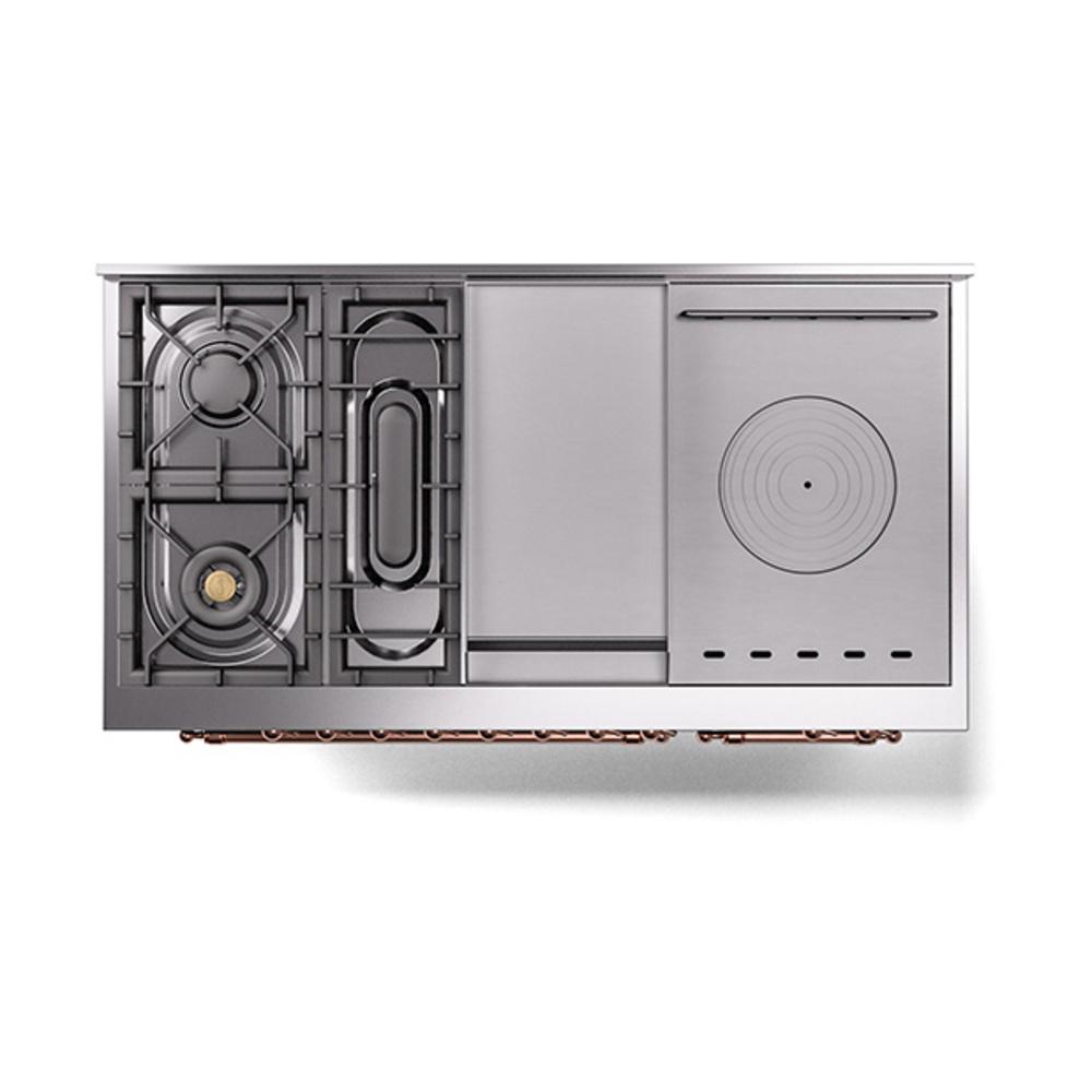 Ilve UN48FSQNMPMBP Ilve Un48Fsqnmpmbp Nostalgie Ii Noblesse 48" Dual Fuel Range (5 Sealed Burners + Griddle + French Top, Natural Gas, Solid Door, Midnight Blue, Copper)