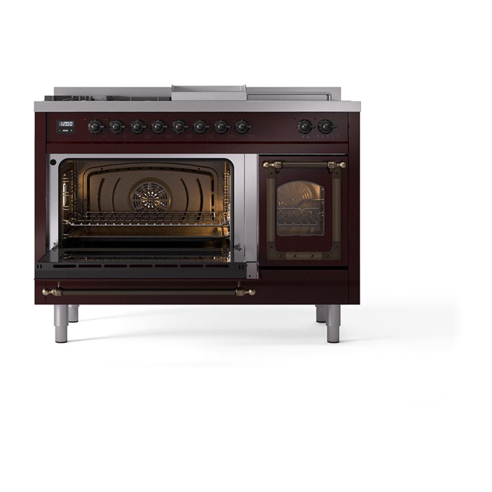 Ilve UN48FSNMPBUBLP Ilve Un48Fsnmpbublp Nostalgie Ii Noblesse 48" Dual Fuel Range (5 Sealed Burners + Griddle + French Top, Liquid Propane, Triple Glass Door, Burgundy, Burnished)