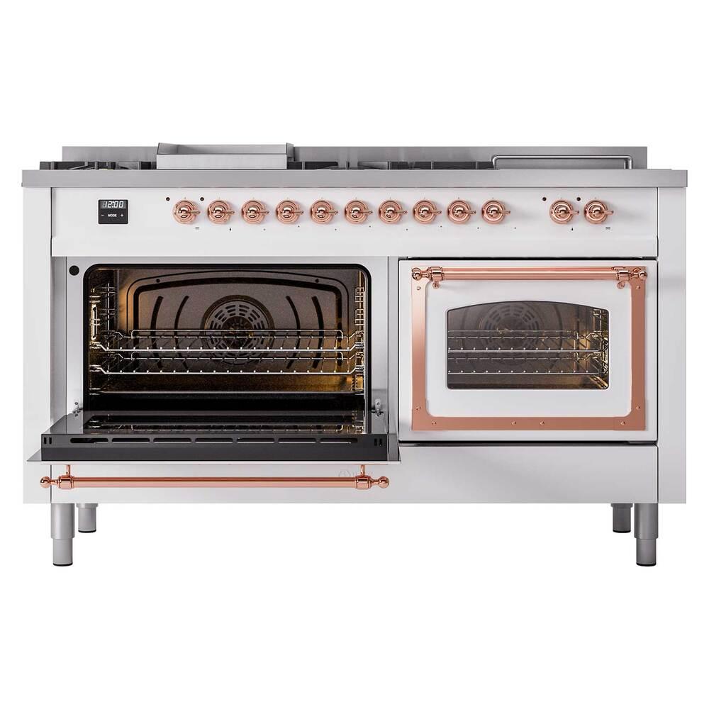 Ilve UN60FSNMPWHP Ilve Un60Fsnmpwhp Nostalgie Ii Noblesse 60" Dual Fuel Range (7 Sealed Burners + Griddle + French Top, Natural Gas, Triple Glass Door, White, Copper)