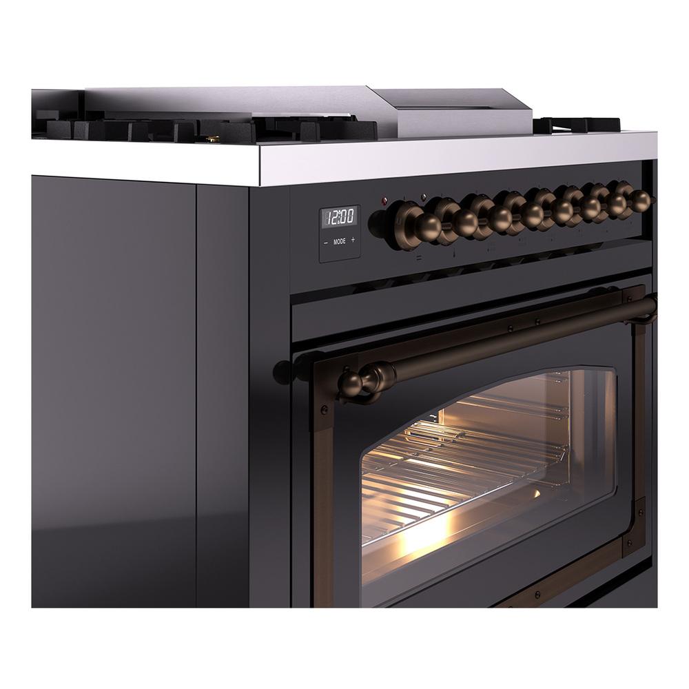 Ilve UN36FNMPBKB Ilve Un36Fnmpbkb Nostalgie Ii Noblesse 36" Dual Fuel Range (Natural Gas, Triple Glass Door, Glossy Black, Burnished)