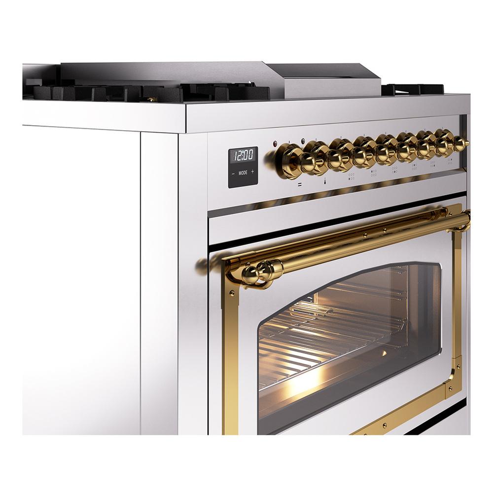 Ilve UN36FNMPSSG Ilve Un36Fnmpssg Nostalgie Ii Noblesse 36" Dual Fuel Range (Natural Gas, Triple Glass Door, Stainless Steel, Brass)
