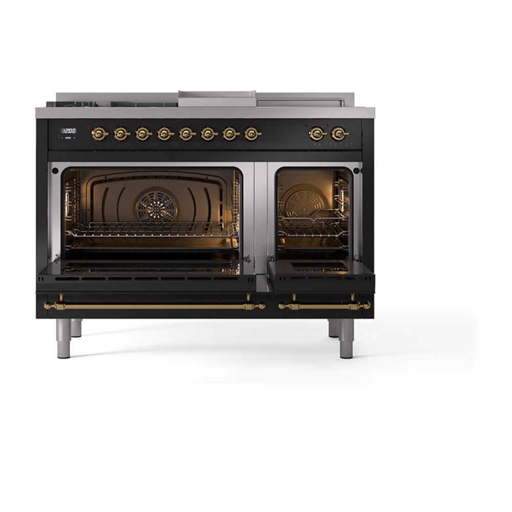 Ilve UN48FSQNMPBKGLP Ilve Un48Fsqnmpbkglp Nostalgie Ii Noblesse 48" Dual Fuel Range (5 Sealed Burners + Griddle + French Top, Liquid Propane, Solid Door, Glossy Black, Brass)