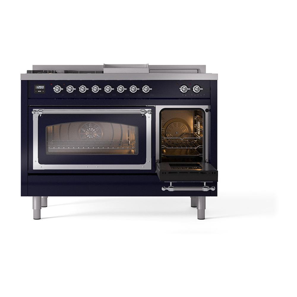 Ilve UN48FSNMPMBC Ilve Un48Fsnmpmbc Nostalgie Ii Noblesse 48" Dual Fuel Range (5 Sealed Burners + Griddle + French Top, Natural Gas, Triple Glass Door, Midnight Blue, Chrome)