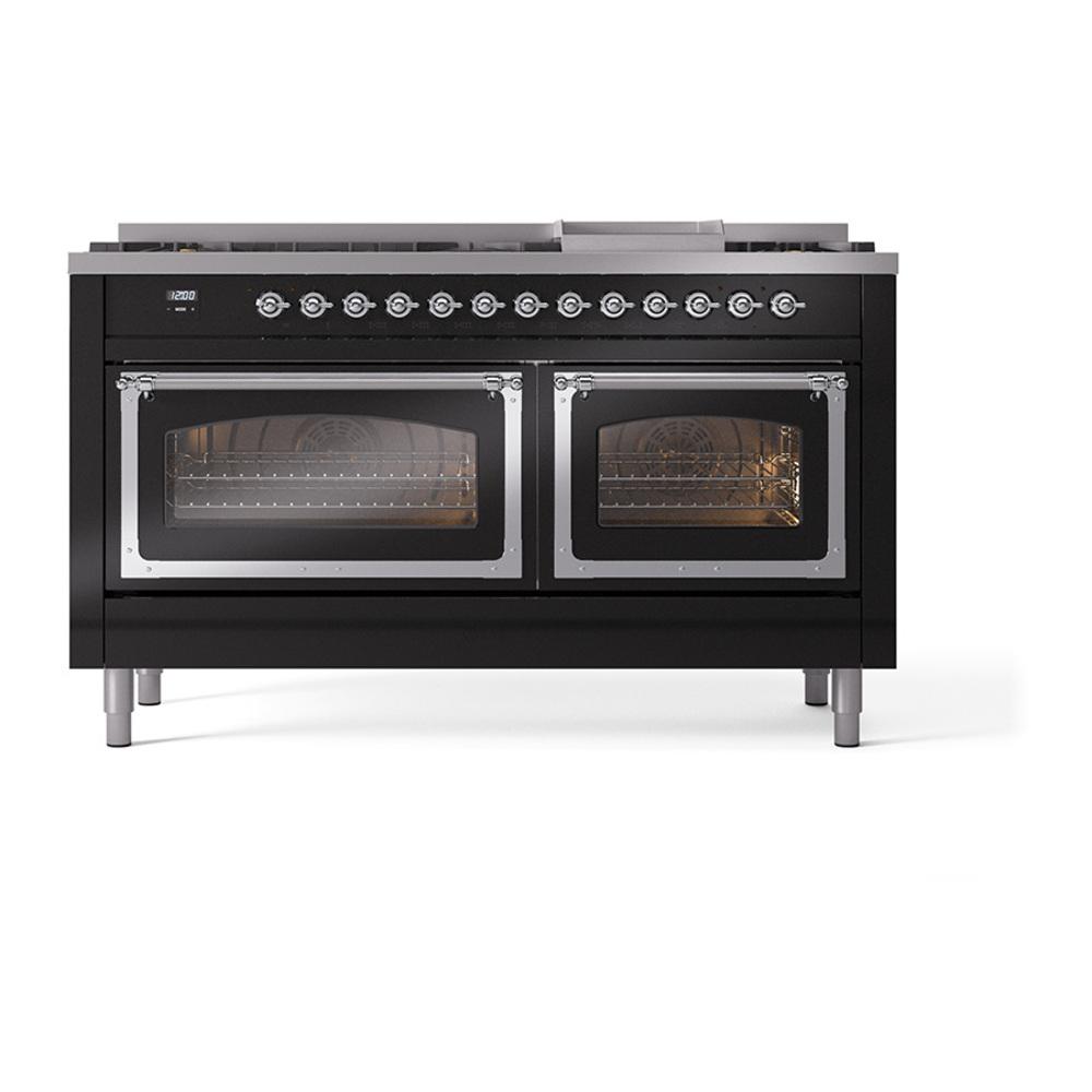 Ilve UN60FNMPBKCLP Ilve Un60Fnmpbkclp Nostalgie Ii Noblesse 60" Dual Fuel Range (9 Sealed Burners + Griddle, Liquid Propane, Triple Glass Door, Glossy Black, Chrome)