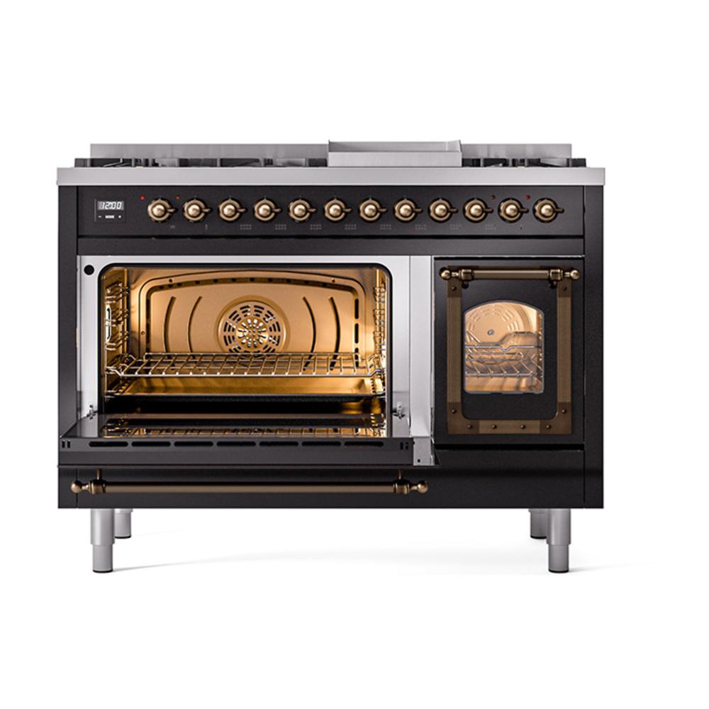 Ilve UN48FNMPBKB Ilve Un48Fnmpbkb Nostalgie Ii Noblesse 48" Dual Fuel Range (8 Sealed Burners + Griddle, Natural Gas, Triple Glass Door, Glossy Black, Burnished)
