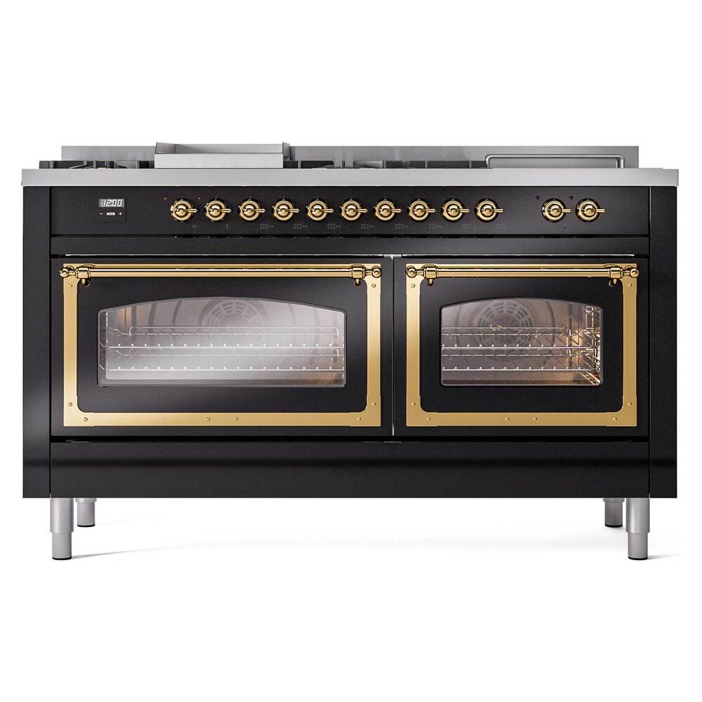 Ilve UN60FSNMPBKG Ilve Un60Fsnmpbkg Nostalgie Ii Noblesse 60" Dual Fuel Range (7 Sealed Burners + Griddle + French Top, Natural Gas, Triple Glass Door, Glossy Black, Brass)