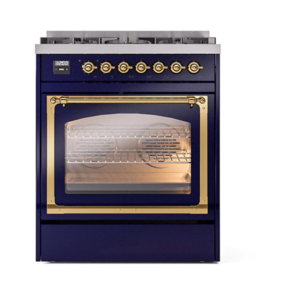 Ilve UN30NMPMBG Ilve Un30Nmpmbg Nostalgie Ii Noblesse 30" Dual Fuel Range (Natural Gas, Triple Glass Door, Midnight Blue, Brass)