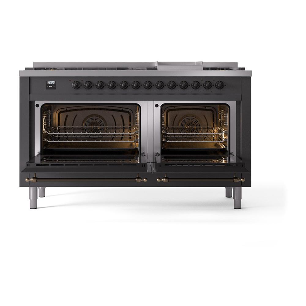 Ilve UN60FQNMPMGBLP Ilve Un60Fqnmpmgblp Nostalgie Ii Noblesse 60" Dual Fuel Range (9 Sealed Burners + Griddle, Liquid Propane, Solid Door, Graphite Matte, Burnished)