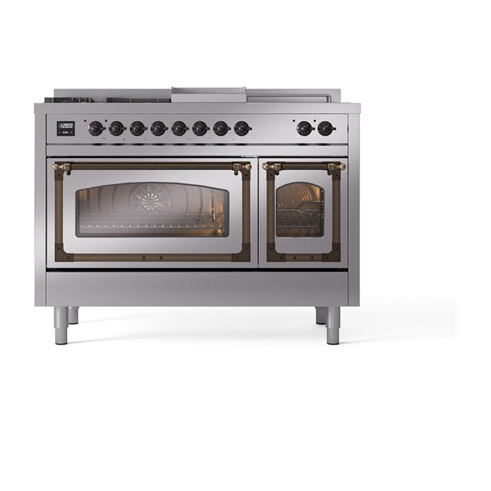 Ilve UN48FSNMPSSBLP Ilve Un48Fsnmpssblp Nostalgie Ii Noblesse 48" Dual Fuel Range (5 Sealed Burners + Griddle + French Top, Liquid Propane, Triple Glass Door, Stainless Steel, Burnished)