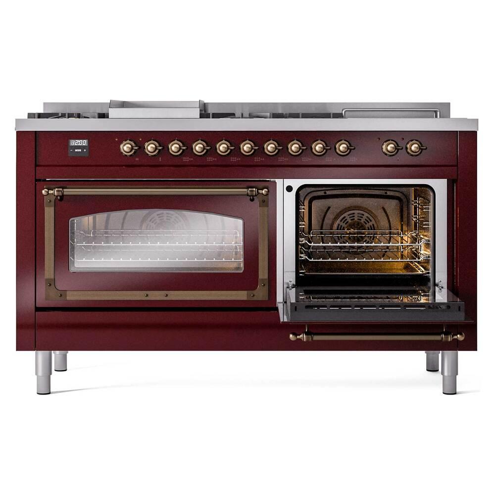 Ilve UN60FSNMPBUB Ilve Un60Fsnmpbub Nostalgie Ii Noblesse 60" Dual Fuel Range (7 Sealed Burners + Griddle + French Top, Natural Gas, Triple Glass Door, Burgundy, Burnished)