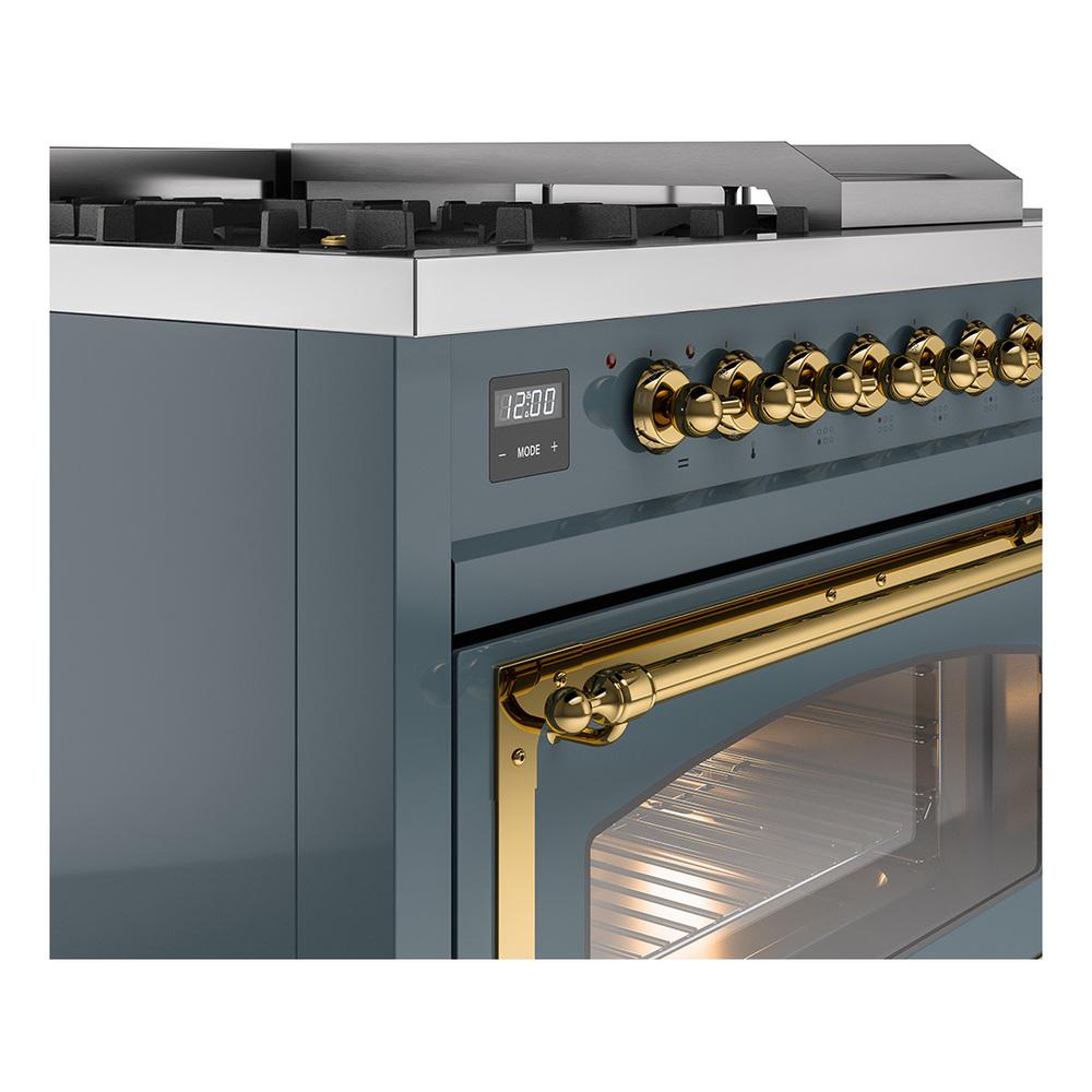 Ilve UN48FSNMPBGGLP Ilve Un48Fsnmpbgglp Nostalgie Ii Noblesse 48" Dual Fuel Range (5 Sealed Burners + Griddle + French Top, Liquid Propane, Triple Glass Door, Blue Grey, Brass)