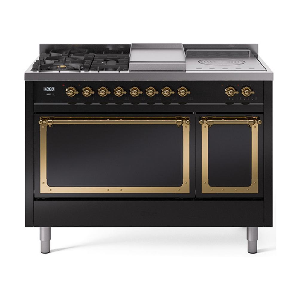 Ilve UN48FSQNMPBKG Ilve Un48Fsqnmpbkg Nostalgie Ii Noblesse 48" Dual Fuel Range (5 Sealed Burners + Griddle + French Top, Natural Gas, Solid Door, Glossy Black, Brass)
