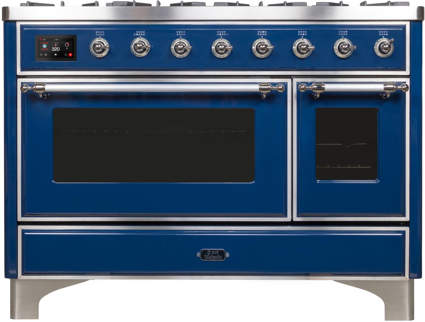 Ilve UM12FDNS3MBCLP Majestic Ii 48 Inch Dual Fuel Liquid Propane Freestanding Range In Blue With Chrome Trim