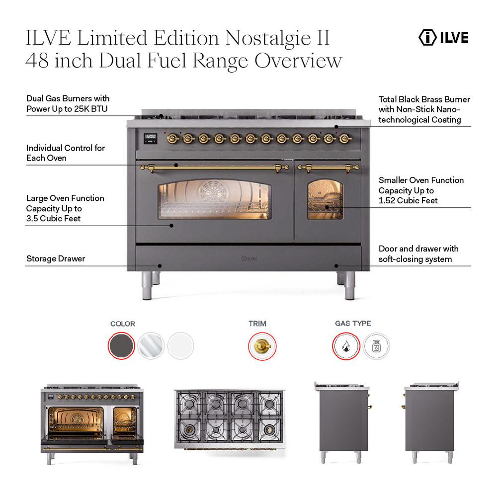 Ilve UP488NMPWHGLP Ilve Up488Nmpwhglp Nostalgie Ii 48 Inch Dual Fuel Range With 8 Total Black Brass Sealed Burners, Brass Trim (Limited Edition) (Liquid Propane, White)