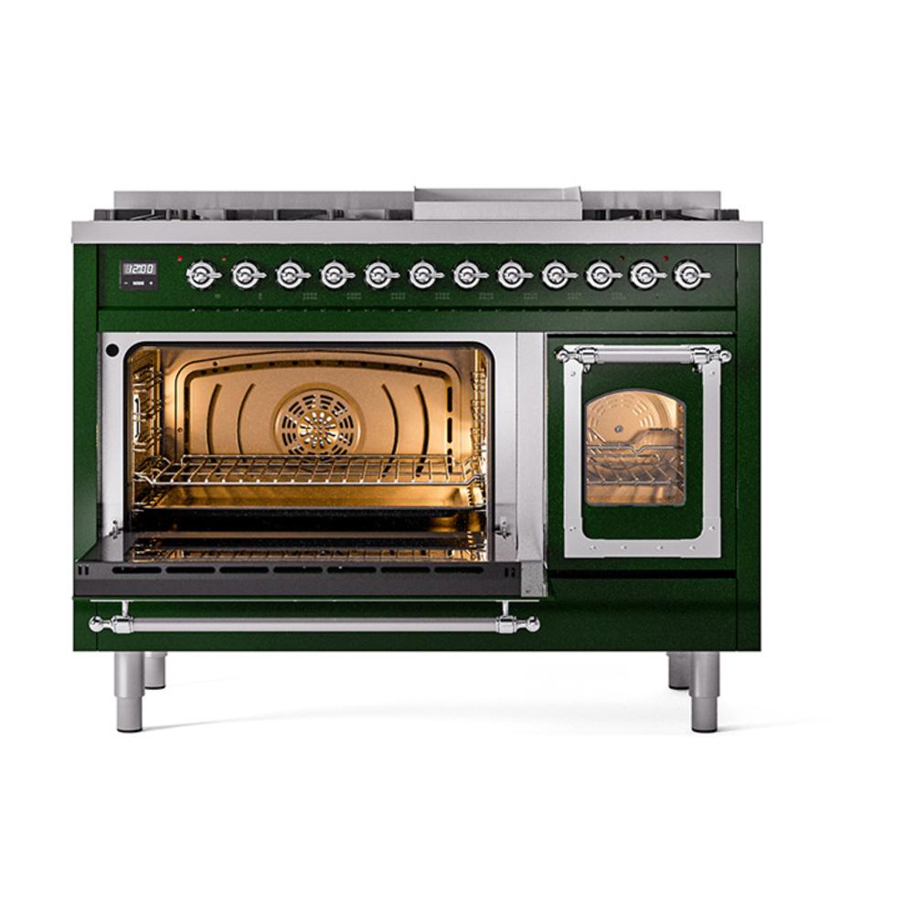 Ilve UN48FNMPEGC Ilve Un48Fnmpegc Nostalgie Ii Noblesse 48" Dual Fuel Range (8 Sealed Burners + Griddle, Natural Gas, Triple Glass Door, Emerald Green, Chrome)