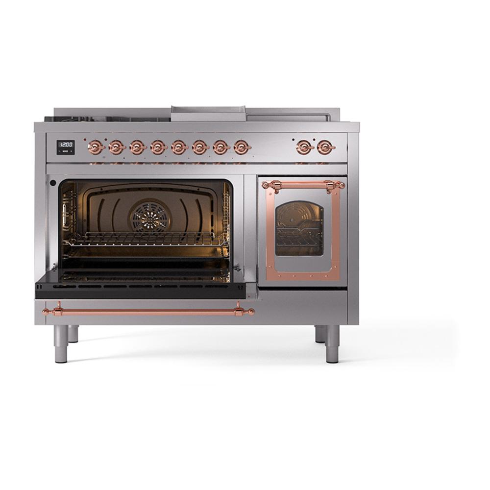 Ilve UN48FSNMPSSPLP Ilve Un48Fsnmpssplp Nostalgie Ii Noblesse 48" Dual Fuel Range (5 Sealed Burners + Griddle + French Top, Liquid Propane, Triple Glass Door, Stainless Steel, Copper)