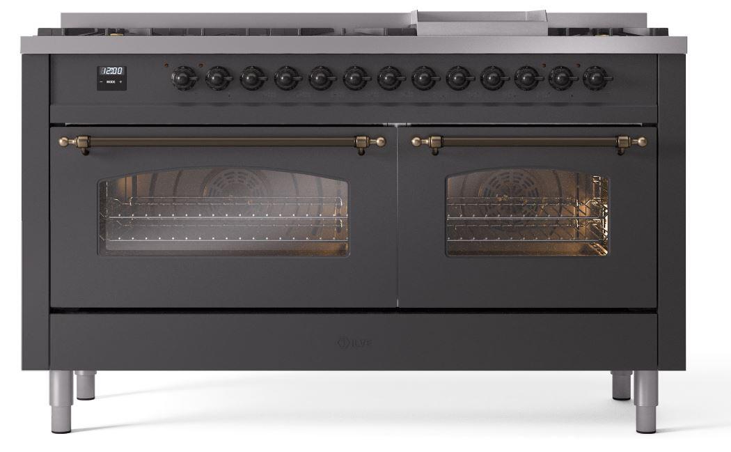 Ilve UP60FNMPMGBLP Nostalgie Ii 60 Inch Dual Fuel Liquid Propane Freestanding Range In Matte Graphite With Bronze Trim