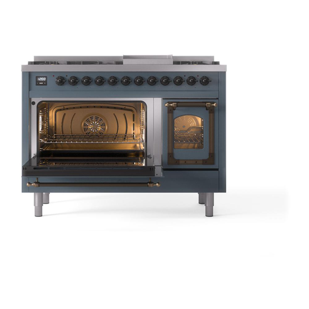 Ilve UN48FNMPBGBLP Ilve Un48Fnmpbgblp Nostalgie Ii Noblesse 48" Dual Fuel Range (8 Sealed Burners + Griddle, Liquid Propane, Triple Glass Door, Blue Grey, Burnished)