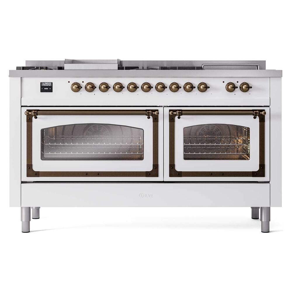 Ilve UN60FSNMPWHB Ilve Un60Fsnmpwhb Nostalgie Ii Noblesse 60" Dual Fuel Range (7 Sealed Burners + Griddle + French Top, Natural Gas, Triple Glass Door, White, Burnished)