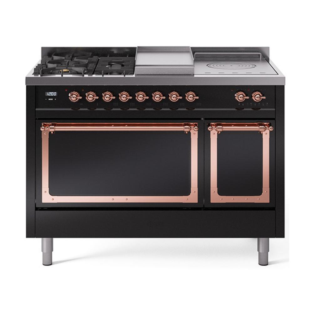 Ilve UN48FSQNMPBKPLP Ilve Un48Fsqnmpbkplp Nostalgie Ii Noblesse 48" Dual Fuel Range (5 Sealed Burners + Griddle + French Top, Liquid Propane, Solid Door, Glossy Black, Copper)