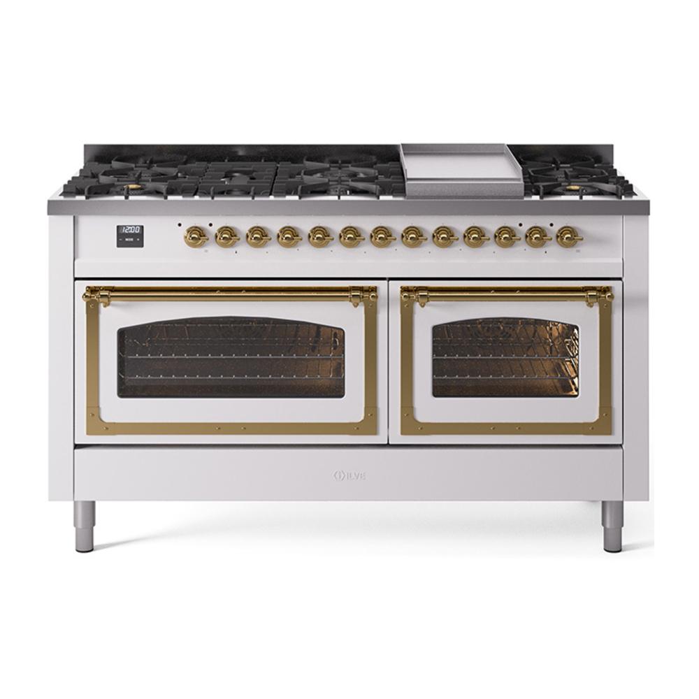 Ilve UN60FNMPWHGLP Ilve Un60Fnmpwhglp Nostalgie Ii Noblesse 60" Dual Fuel Range (9 Sealed Burners + Griddle, Liquid Propane, Triple Glass Door, White, Brass)