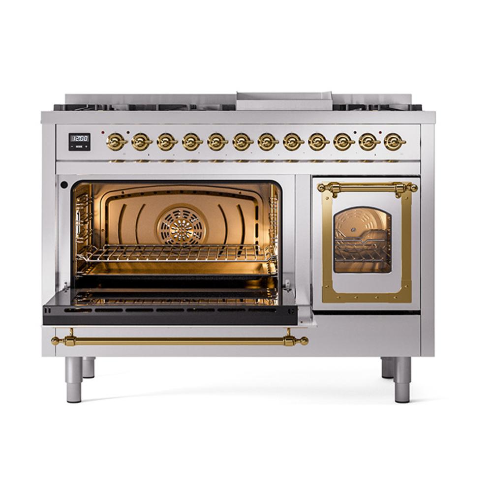 Ilve UN48FNMPSSGLP Ilve Un48Fnmpssglp Nostalgie Ii Noblesse 48" Dual Fuel Range (8 Sealed Burners + Griddle, Liquid Propane, Triple Glass Door, Stainless Steel, Brass)