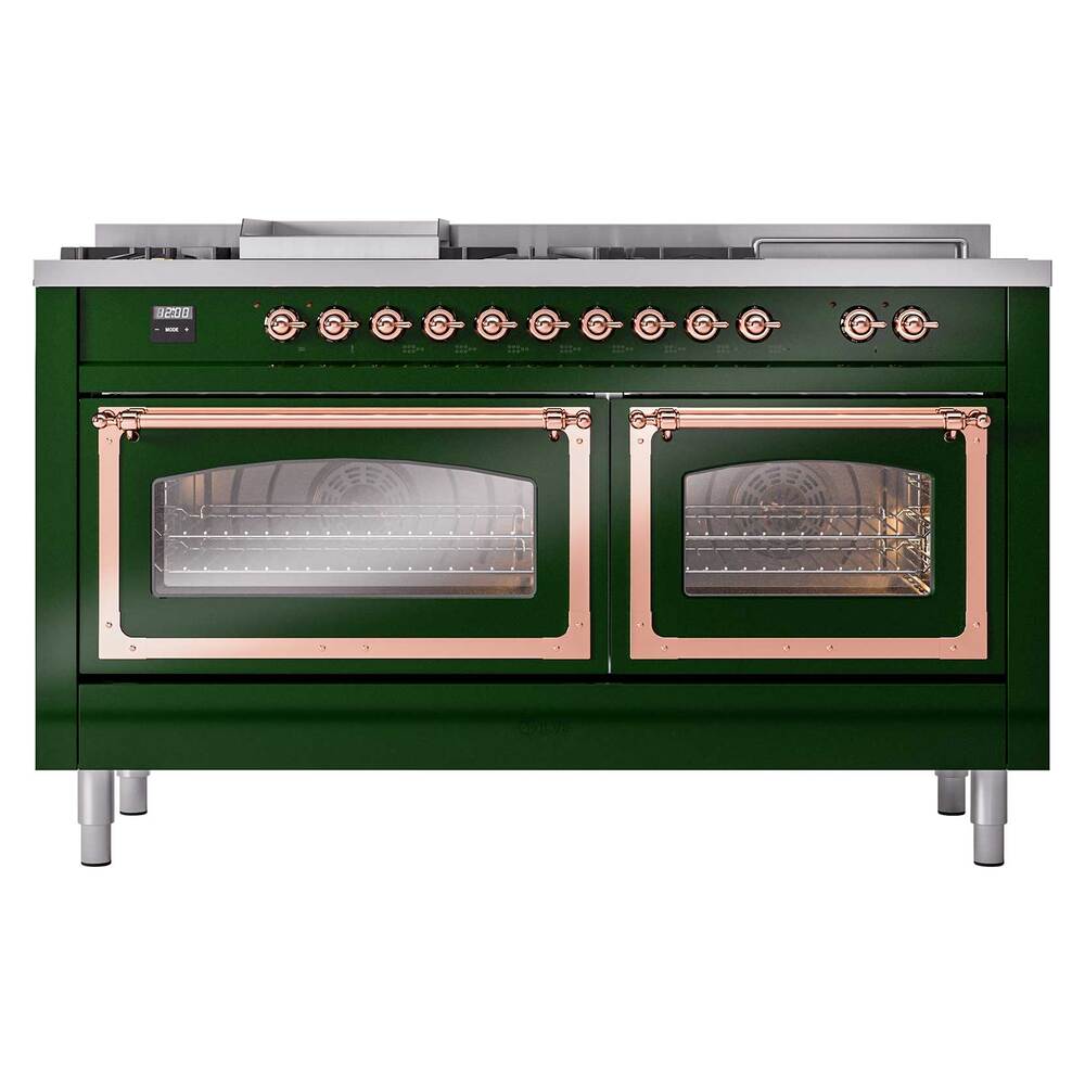 Ilve UN60FSNMPEGPLP Ilve Un60Fsnmpegplp Nostalgie Ii Noblesse 60" Dual Fuel Range (7 Sealed Burners + Griddle + French Top, Liquid Propane, Triple Glass Door, Emerald Green, Copper)