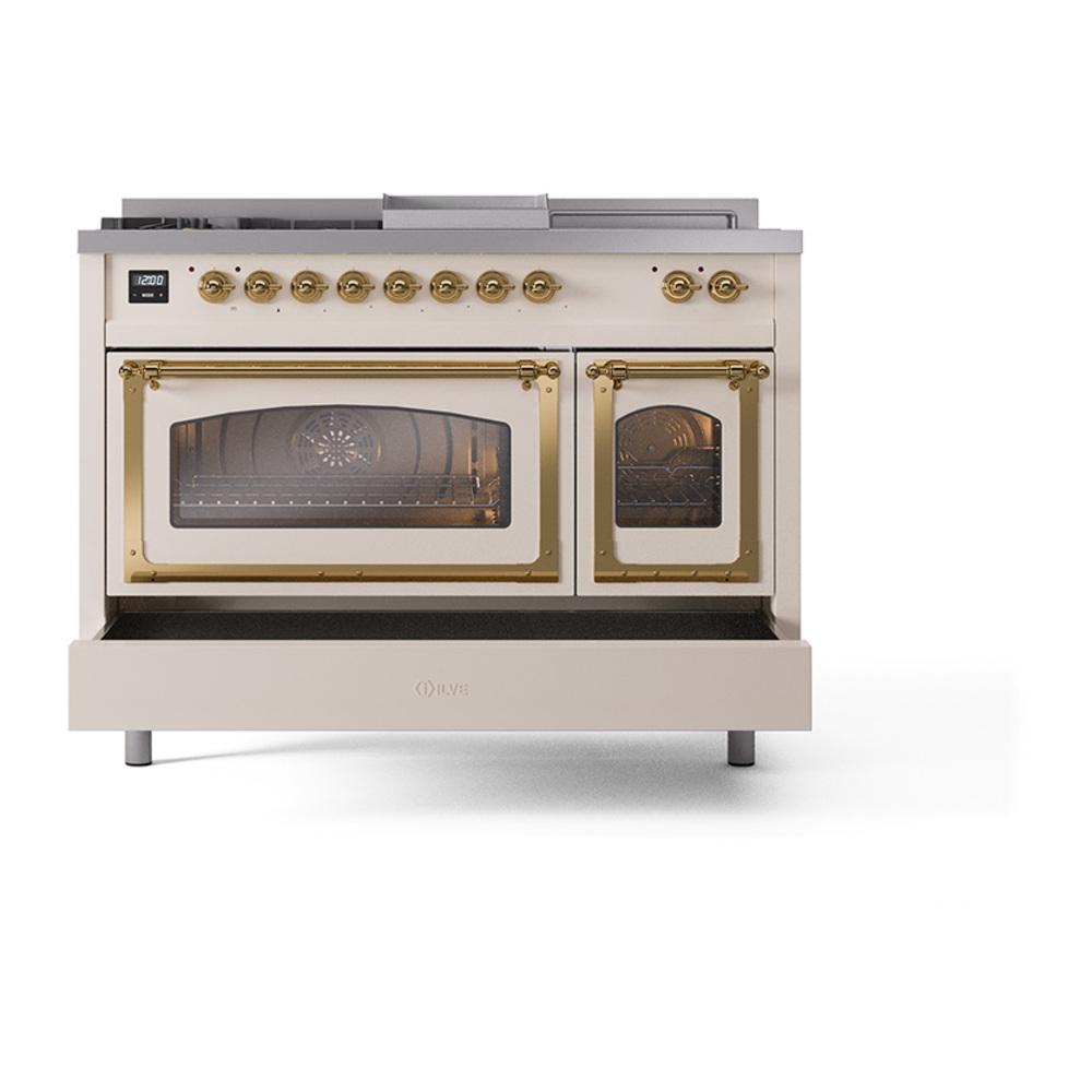 Ilve UN48FSNMPAWGLP Ilve Un48Fsnmpawglp Nostalgie Ii Noblesse 48" Dual Fuel Range (5 Sealed Burners + Griddle + French Top, Liquid Propane, Triple Glass Door, Antique White, Brass)