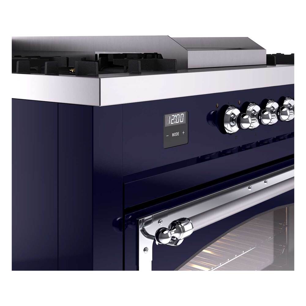 Ilve UN60FSNMPMBCLP Ilve Un60Fsnmpmbclp Nostalgie Ii Noblesse 60" Dual Fuel Range (7 Sealed Burners + Griddle + French Top, Liquid Propane, Triple Glass Door, Midnight Blue, Chrome)