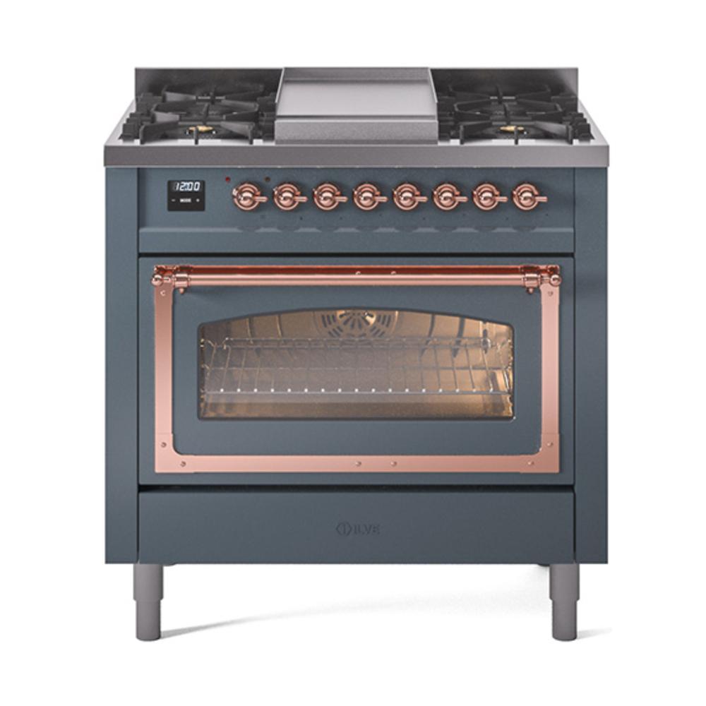 Ilve UN36FNMPBGPLP Ilve Un36Fnmpbgplp Nostalgie Ii Noblesse 36" Dual Fuel Range (Liquid Propane, Triple Glass Door, Blue Grey, Copper)