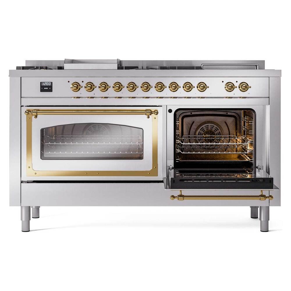 Ilve UN60FSNMPSSG Ilve Un60Fsnmpssg Nostalgie Ii Noblesse 60" Dual Fuel Range (7 Sealed Burners + Griddle + French Top, Natural Gas, Triple Glass Door, Stainless Steel, Brass)