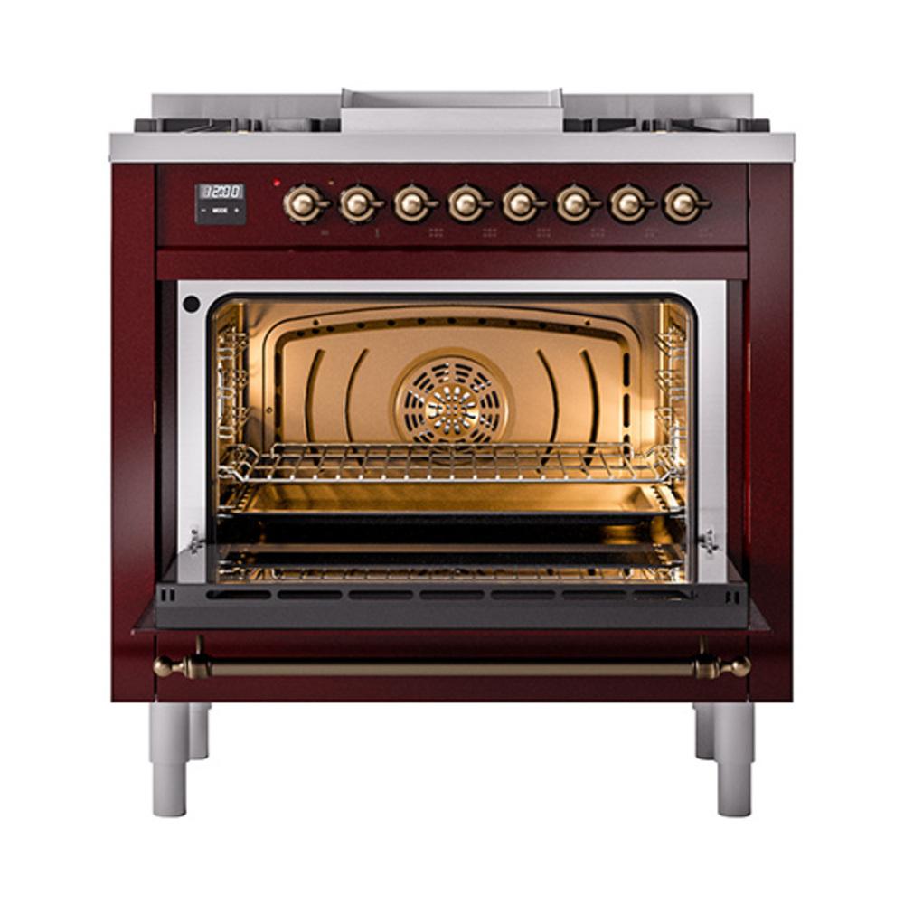 Ilve UN36FNMPBUB Ilve Un36Fnmpbub Nostalgie Ii Noblesse 36" Dual Fuel Range (Natural Gas, Triple Glass Door, Burgundy, Burnished)