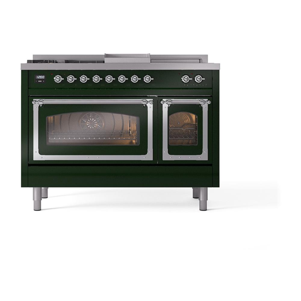 Ilve UN48FSNMPEGC Ilve Un48Fsnmpegc Nostalgie Ii Noblesse 48" Dual Fuel Range (5 Sealed Burners + Griddle + French Top, Natural Gas, Triple Glass Door, Emerald Green, Chrome)