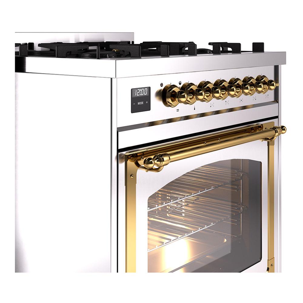 Ilve UN30NMPSSG Ilve Un30Nmpssg Nostalgie Ii Noblesse 30" Dual Fuel Range (Natural Gas, Triple Glass Door, Stainless Steel, Brass)