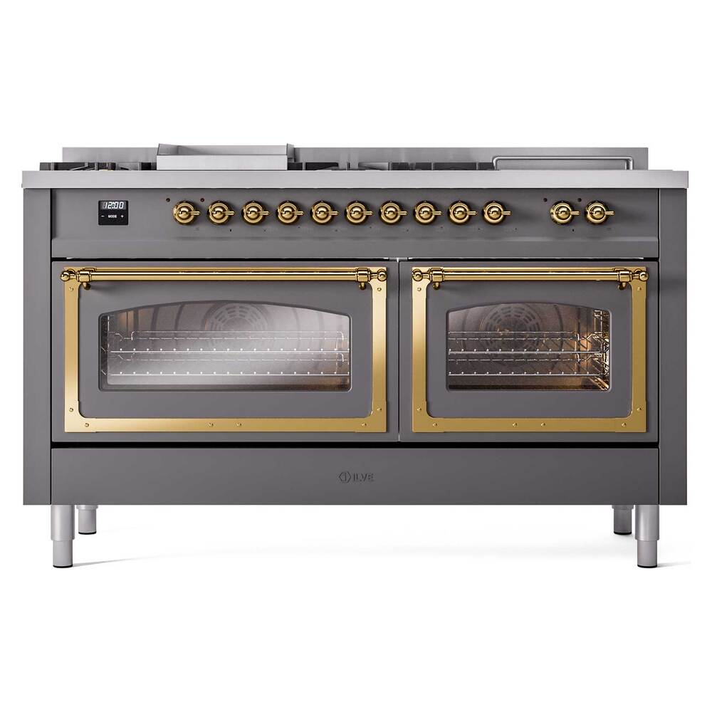 Ilve UN60FSNMPMGG Ilve Un60Fsnmpmgg Nostalgie Ii Noblesse 60" Dual Fuel Range (7 Sealed Burners + Griddle + French Top, Natural Gas, Triple Glass Door, Graphite Matte, Brass)