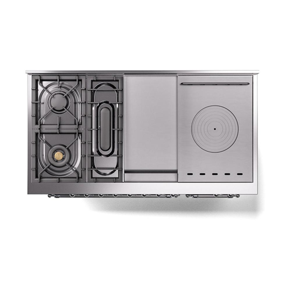 Ilve UN48FSQNMPBGC Ilve Un48Fsqnmpbgc Nostalgie Ii Noblesse 48" Dual Fuel Range (5 Sealed Burners + Griddle + French Top, Natural Gas, Solid Door, Blue Grey, Chrome)