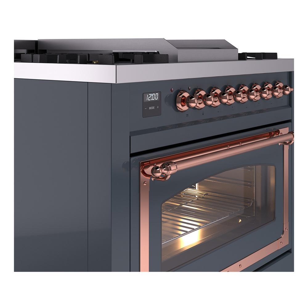 Ilve UN36FNMPBGP Ilve Un36Fnmpbgp Nostalgie Ii Noblesse 36" Dual Fuel Range (Natural Gas, Triple Glass Door, Blue Grey, Copper)