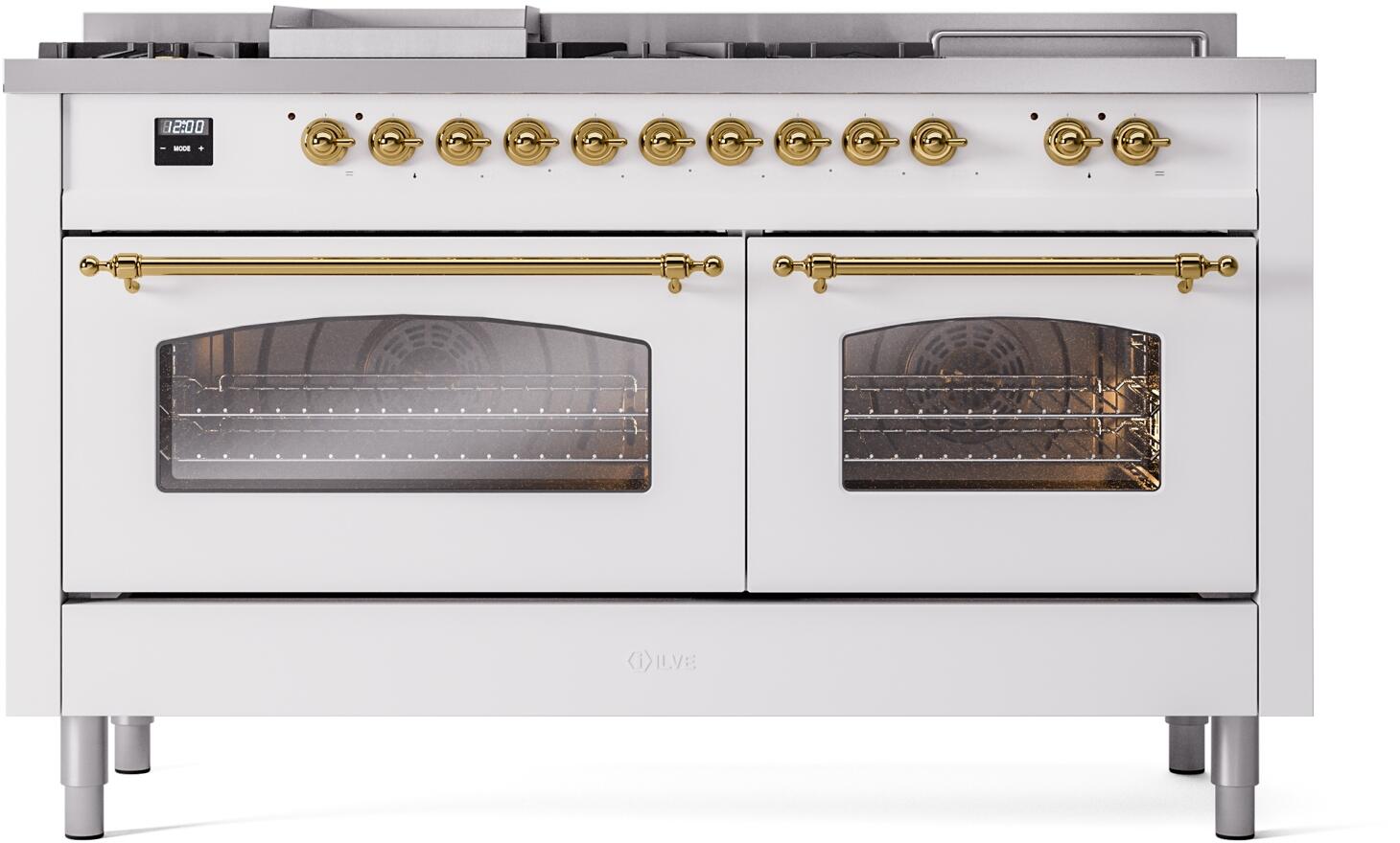 Ilve UP60FSNMPWHGLP Nostalgie Ii 60 Inch Dual Fuel Liquid Propane Freestanding Range In White With Brass Trim