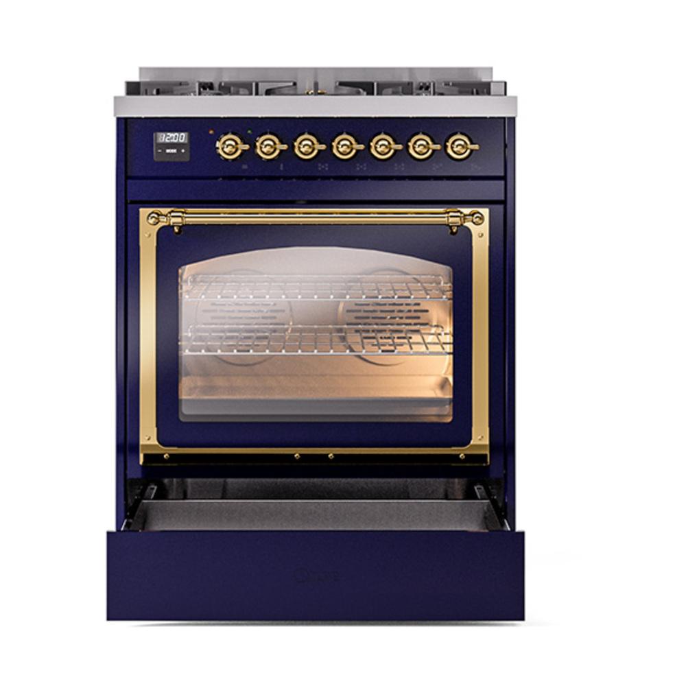Ilve UN30NMPMBG Ilve Un30Nmpmbg Nostalgie Ii Noblesse 30" Dual Fuel Range (Natural Gas, Triple Glass Door, Midnight Blue, Brass)