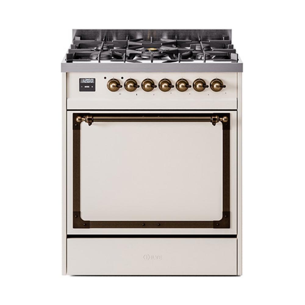 Ilve UN30QNMPAWBLP Ilve Un30Qnmpawblp Nostalgie Ii Noblesse 30" Dual Fuel Range (Liquid Propane, Solid Door, Antique White, Burnished)