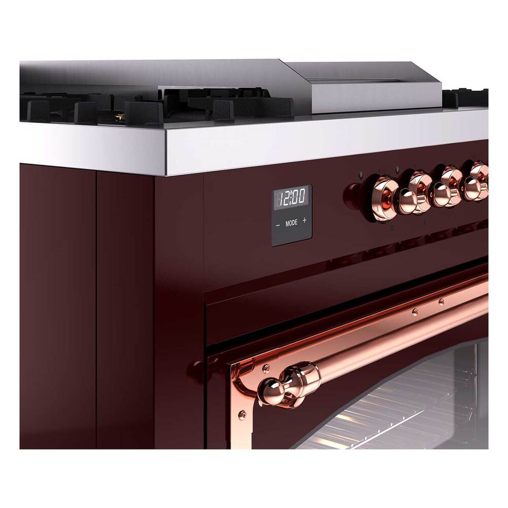 Ilve UN60FSNMPBUP Ilve Un60Fsnmpbup Nostalgie Ii Noblesse 60" Dual Fuel Range (7 Sealed Burners + Griddle + French Top, Natural Gas, Triple Glass Door, Burgundy, Copper)