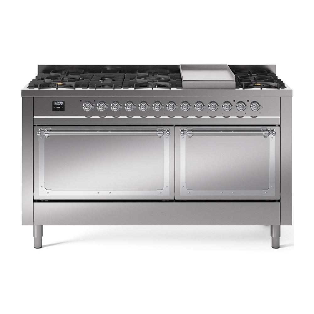 Ilve UN60FQNMPSSC Ilve Un60Fqnmpssc Nostalgie Ii Noblesse 60" Dual Fuel Range (9 Sealed Burners + Griddle, Natural Gas, Solid Door, Stainless Steel, Chrome)